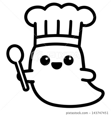 Happy little ghost chef holding spoon cartoon illustration Happy little ghost chef holding spoon cartoon illustration 143747451