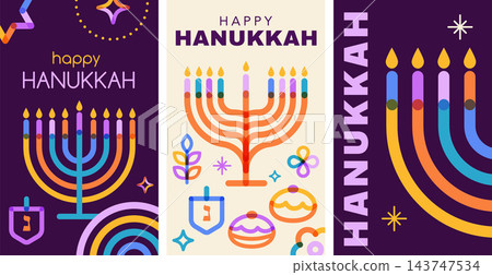 Happy Hanukkah colorful geometric banner and greeting card templates with Hanukah menorah and other Happy Hanukkah colorful geometric banner and greeting card templates with Hanukah menorah and other 143747534