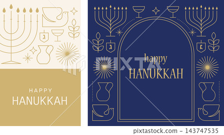 Happy Hanukkah geometric blue and gold banner and greeting card templates with Hanukah menorah and Happy Hanukkah geometric blue and gold banner and greeting card templates with Hanukah menorah and 143747535