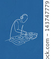 Minimalist line drawing of dj mixing tracks with headphones with manipulating controls focused 143747779