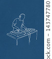 Minimalist line drawing of music producer at workstation with focused creative atmosphere 143747780