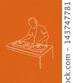 Minimalist line drawing of music producer at workstation with individual wearing headphones 143747781