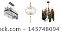 chandelier on the ceiling isolated on transparent background, hanging lamp, pendant light, 3D illustration, cg render 143748094