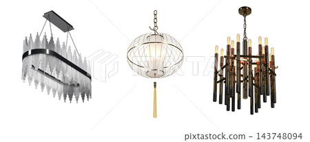 chandelier on the ceiling isolated on transparent background, hanging lamp, pendant light, 3D illustration, cg render chandelier on the ceiling isolated on transparent background, hanging lamp, pendant light, 3D illustration, cg render 143748094