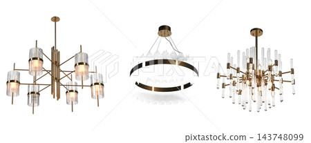 chandelier on the ceiling isolated on transparent background, hanging lamp, pendant light, 3D illustration, cg render chandelier on the ceiling isolated on transparent background, hanging lamp, pendant light, 3D illustration, cg render 143748099
