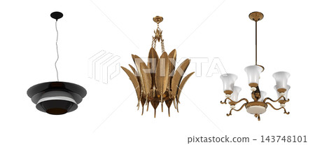 chandelier on the ceiling isolated on transparent background, hanging lamp, pendant light, 3D illustration, cg render chandelier on the ceiling isolated on transparent background, hanging lamp, pendant light, 3D illustration, cg render 143748101