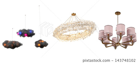 chandelier on the ceiling isolated on transparent background, hanging lamp, pendant light, 3D illustration, cg render chandelier on the ceiling isolated on transparent background, hanging lamp, pendant light, 3D illustration, cg render 143748102