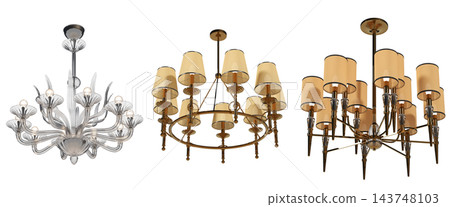 chandelier on the ceiling isolated on transparent background, hanging lamp, pendant light, 3D illustration, cg render chandelier on the ceiling isolated on transparent background, hanging lamp, pendant light, 3D illustration, cg render 143748103