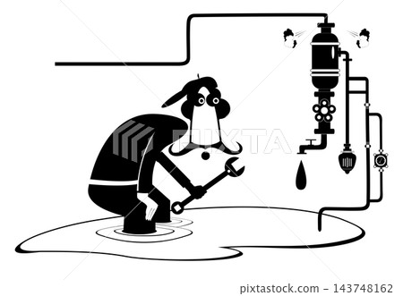 Comic mechanic repairs pipe construction illustration. Breakdown. Comic mechanic with a wrench repairs pipe construction to stop water flow black on white background Comic mechanic repairs pipe construction illustration. Breakdown. Comic mechanic with a wrench repairs pipe construction to stop water flow black on white background 143748162