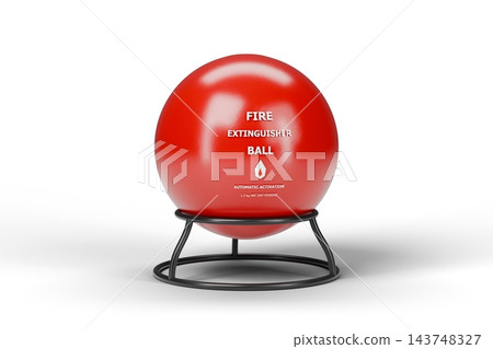 Red Automatic Fire Extinguisher Ball on Metal Stand Isolated, 3D Render 143748327