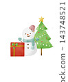 An illustration of a Christmas tree, a snowman, and presents. 143748521