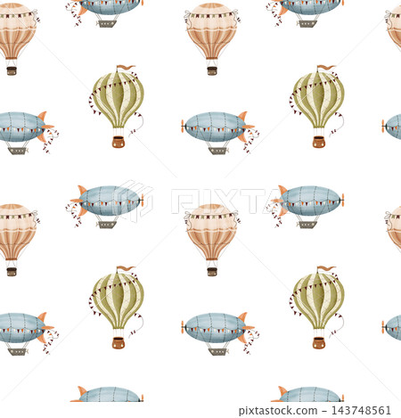 Seamless pattern with watercolor cartoon hot air balloons and airships . Hand-painted. Seamless pattern with watercolor cartoon hot air balloons and airships . Hand-painted. 143748561