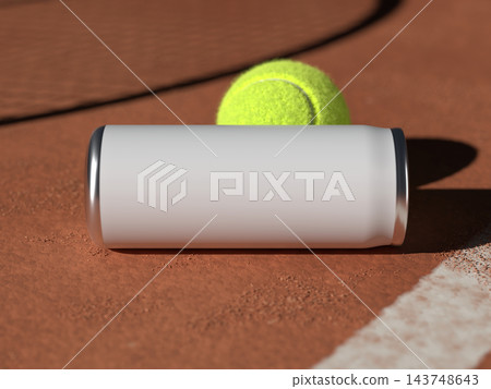Blank lying tall can resting on a tennis ball on a red clay tennis court 3D render Blank lying tall can resting on a tennis ball on a red clay tennis court 3D render 143748643