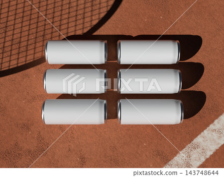 Blank six lying tall cans in a grid top view on a red clay tennis court 3D render 143748644