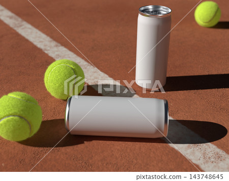 Blank standing and lying tall cans with tennis balls on a red clay tennis court 3D render Blank standing and lying tall cans with tennis balls on a red clay tennis court 3D render 143748645