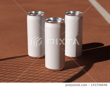 Blank three tall cans in a triangle with racket shadow on a red clay tennis court 3D render 143748646
