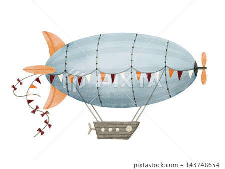 Watercolor cartoon airship with a decorative bunting of flags . Travel-themed illustration. Watercolor cartoon airship with a decorative bunting of flags . Travel-themed illustration. 143748654
