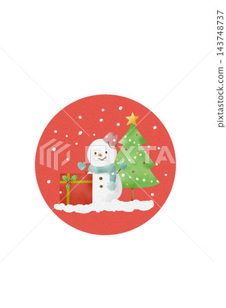 A cute illustration of a tree, presents, and a snowman. A cute illustration of a tree, presents, and a snowman. 143748737