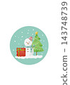 A cute illustration of a snowman, presents, and a Christmas tree. 143748739