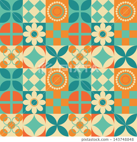 Retro 1970s style geometric floral patchwork seamless pattern 143748848