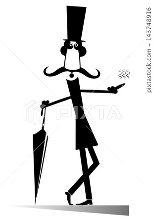 Mustached gentleman in the top hat with umbrella smokes a cigar and looks healthy and happy	 143748916