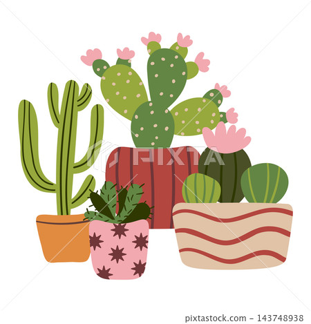 Collection of cute cartoon cacti and succulents in decorative pots with pink flowers. This isolated illustration features various potted desert plants in a charming flat hand drawn style. 143748938