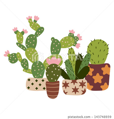 Potted cute arrangement of cartoon cactus and blooming succulents in patterned pots. This isolated vector illustration showcases a cozy collection of green desert houseplants in a flat style. 143748939