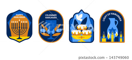 Happy Hanukkah sticker and badge set with menorah, kiddush cup, sufganiyot, dove and oil jug among candles. Geometric emblems featuring lettering for Festival of Lights labels, tags or prints. Happy Hanukkah sticker and badge set with menorah, kiddush cup, sufganiyot, dove and oil jug among candles. Geometric emblems featuring lettering for Festival of Lights labels, tags or prints. 143749060