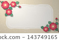 A paper cutout of a camellia, with a red camellia and snow in the corner of a wavy paper frame, against a New Year's/winter background. 143749165