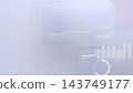Frosted glass card with line, bar, and pie charts; light pale blue dashboard background. 143749177