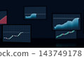 A blurry monitor displays rising candlesticks and line charts against a navy blue background of finance and investment. 143749178