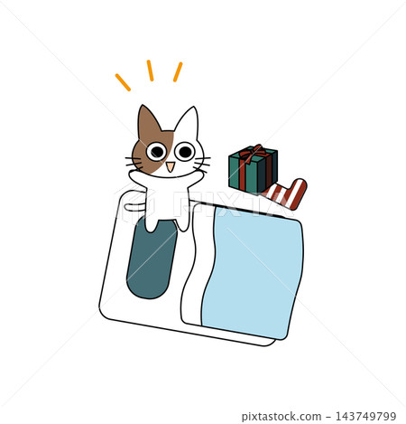 一幅插圖,描繪了一隻貓在聖誕節早晨高興地發現枕頭旁有一份禮物。 一幅插圖,描繪了一隻貓在聖誕節早晨高興地發現枕頭旁有一份禮物。 143749799
