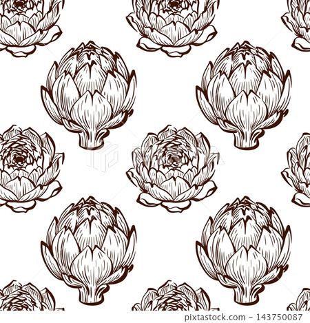 Artichoke seamless pattern vector pairs small closed flower buds with branching stems and pointed leaves, producing a rhythmic botanical repeat in finely drawn monochrome lines Artichoke seamless pattern vector pairs small closed flower buds with branching stems and pointed leaves, producing a rhythmic botanical repeat in finely drawn monochrome lines 143750087