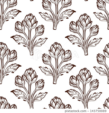 Artichoke seamless pattern vector features upright leafy stems and small flower heads in a repeating botanical arrangement, emphasizing serrated foliage and delicate hand drawn contours 143750089
