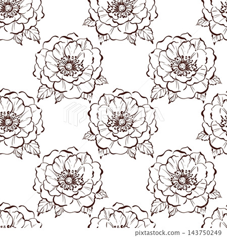 Open rose head pattern with broad ruffled petals and visible stamens, repeated in a balanced floral composition. Detailed vector outlines reveal the layered structure of each blossom, giving the Open rose head pattern with broad ruffled petals and visible stamens, repeated in a balanced floral composition. Detailed vector outlines reveal the layered structure of each blossom, giving the 143750249