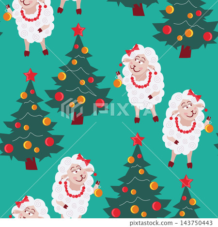 Seamless pattern white sheep decorating a Christmas tree Seamless pattern white sheep decorating a Christmas tree 143750443