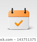Calendar Check Icon, Vector Illustration. 3d Orange Calendar Check Icon with Orange Tick. Calendar Check Icon Isolated for Schedule, Appointment, Reminder, Event, Booking, Deadline, Planning 143751375