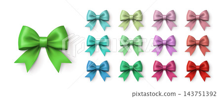 Large green bow and twelve satin bows in various colors on a white background. Large green bow and twelve satin bows in various colors on a white background. 143751392