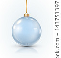 Glossy Light Blue Christmas Bauble with Gold Ribbon on Pale Background 143751397