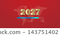 New Year's background with golden numbers 2027, the inscription loading on a red background with an outline of the earth. 143751402