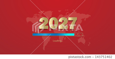 New Year's background with golden numbers 2027, the inscription loading on a red background with an outline of the earth. New Year's background with golden numbers 2027, the inscription loading on a red background with an outline of the earth. 143751402