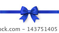 Glossy blue satin ribbon bow with a horizontal blue band on a white background. 143751405