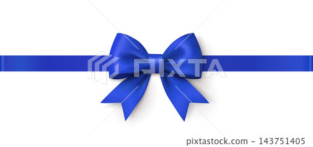 Glossy blue satin ribbon bow with a horizontal blue band on a white background. Glossy blue satin ribbon bow with a horizontal blue band on a white background. 143751405