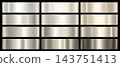 Set of twelve samples of silver metallic gradients on a black background. 143751413