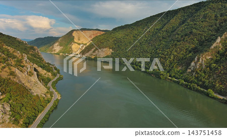 Danube river and mountains in Djerdap National Park at sunset 143751458