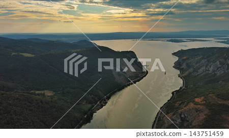 Danube river and mountains in Djerdap National Park at sunset Danube river and mountains in Djerdap National Park at sunset 143751459