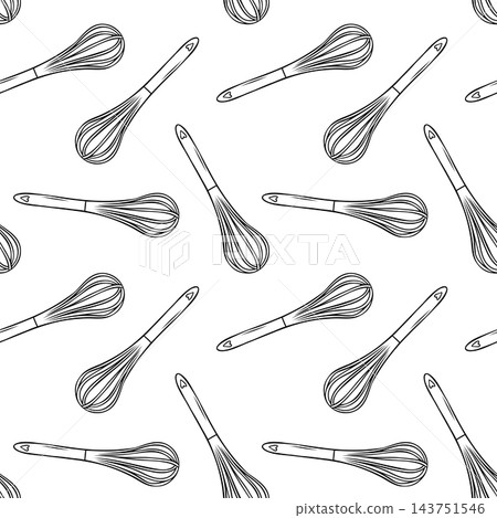 Whisk doodle pattern in black and white sketch style. Hand-drawn baking tool illustration for kitchen decor, pastry branding and packaging 143751546