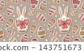 Whimsical Easter pattern featuring adorable bunnies with bows, decorated eggs. 143751673