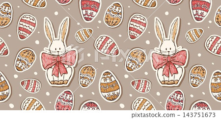Whimsical Easter pattern featuring adorable bunnies with bows, decorated eggs. Whimsical Easter pattern featuring adorable bunnies with bows, decorated eggs. 143751673