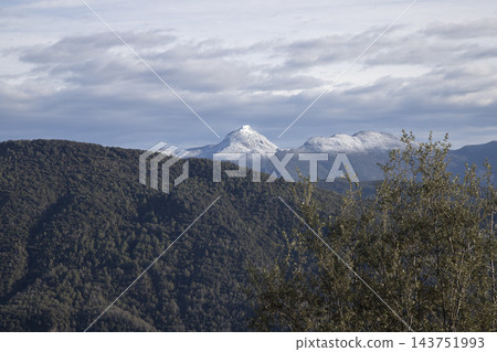 Snow capped mountains behind green forest hills 143751993